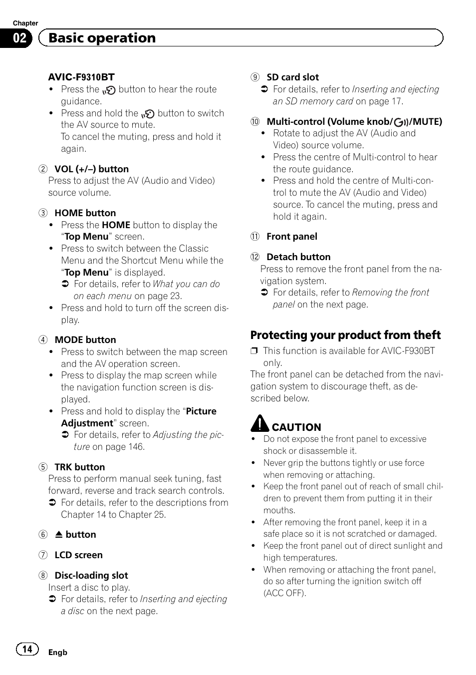 Protecting your product from theft 14, 02 basic operation, Protecting your product from theft | Pioneer AVIC-F9310BT User Manual | Page 14 / 208