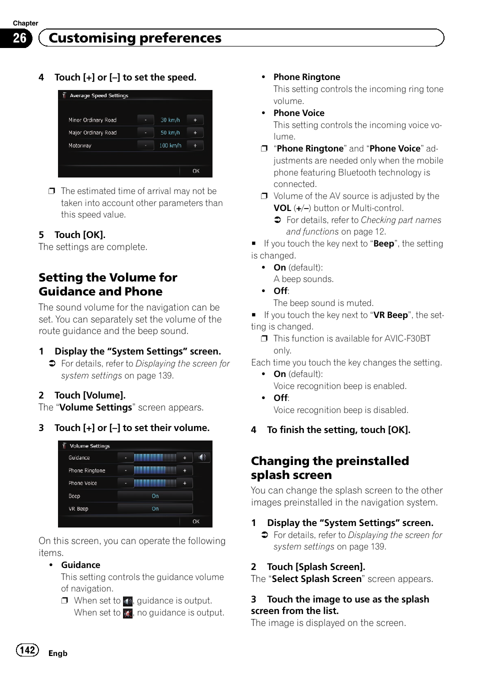 Setting the volume for guidance and, Phone, Changing the preinstalled splash | Screen, Setting the volume for, Setting the volume, 26 customising preferences, Setting the volume for guidance and phone, Changing the preinstalled splash screen | Pioneer AVIC-F9310BT User Manual | Page 142 / 208