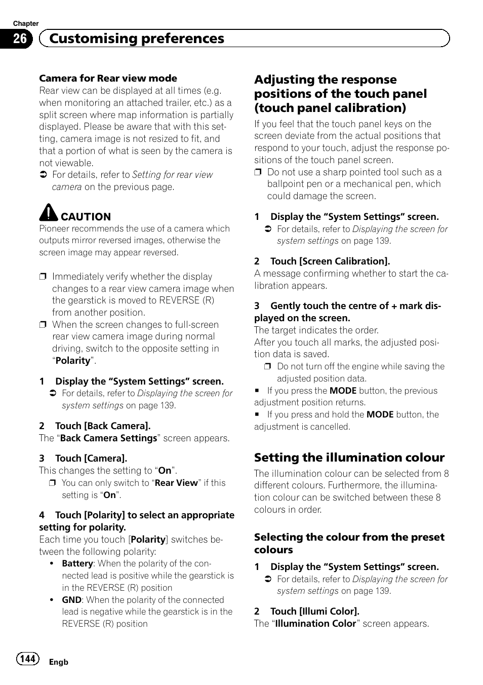 Adjusting the response positions of the, Touch panel (touch panel calibration), Setting the illumination colour 144 | 26 customising preferences, Setting the illumination colour | Pioneer AVIC-F9310BT User Manual | Page 144 / 208