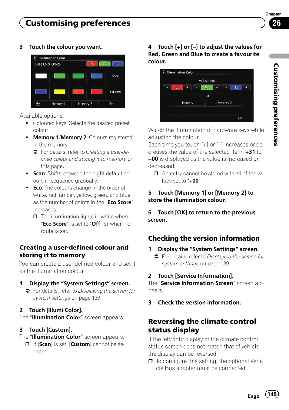 Checking the version information 145, Reversing the climate control status, Display | Customising preferences, Checking the version information, Reversing the climate control status display | Pioneer AVIC-F9310BT User Manual | Page 145 / 208
