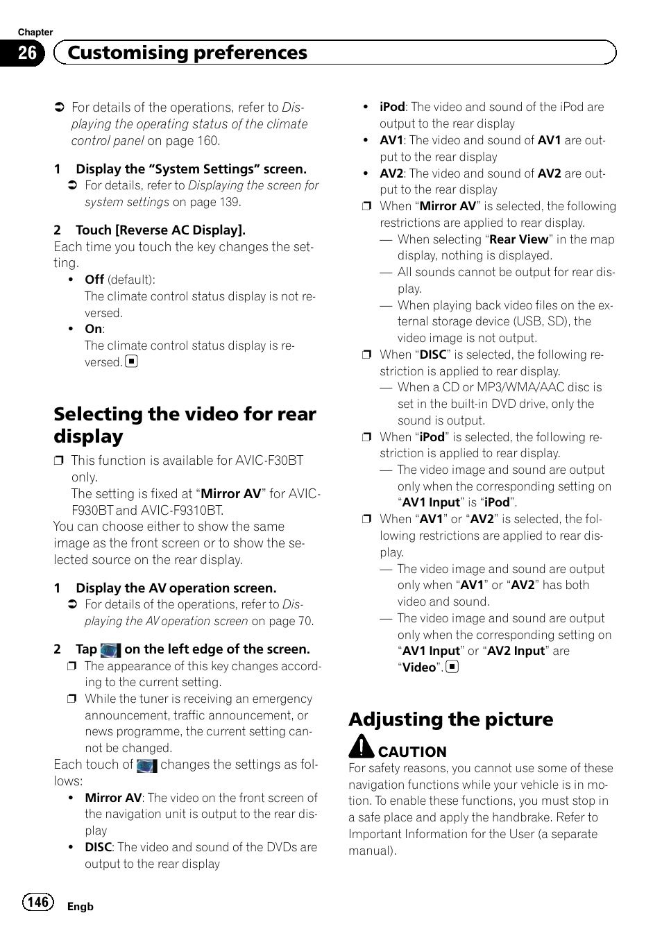 Selecting the video for rear display, Adjusting the picture, Adjusting the pic | 26 customising preferences | Pioneer AVIC-F9310BT User Manual | Page 146 / 208
