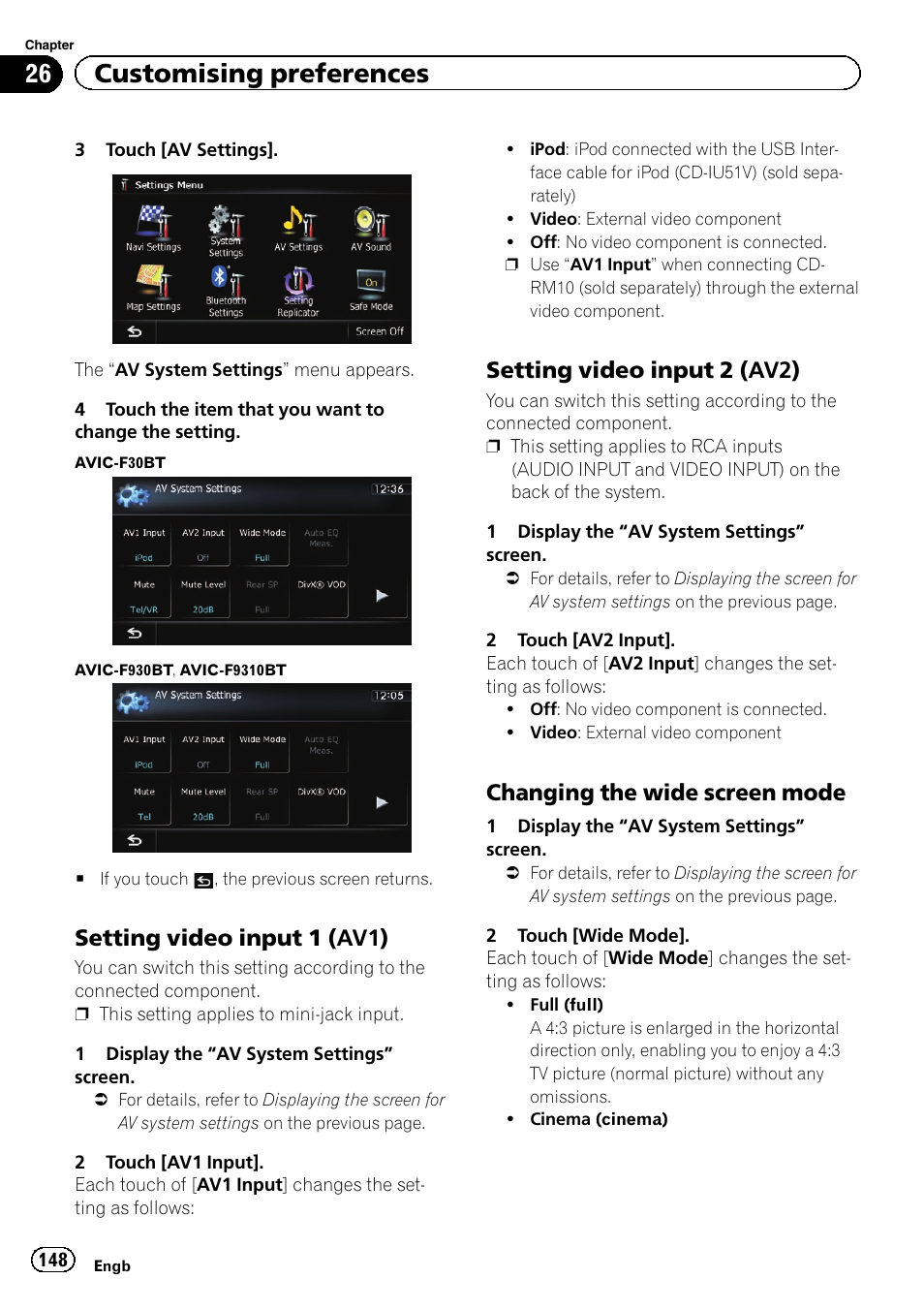 Setting video input 1 (av1) 148, Setting video input 2 (av2) 148, Changing the wide screen mode 148 | Setting video input 1, Setting video input 2, 26 customising preferences, Setting video input 1 (av1), Setting video input 2 (av2), Changing the wide screen mode | Pioneer AVIC-F9310BT User Manual | Page 148 / 208