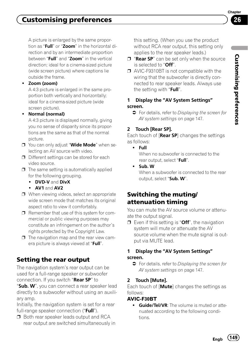 Setting the rear output 149, Switching the muting/attenuation, Timing | Customising preferences, Setting the rear output, Switching the muting/ attenuation timing | Pioneer AVIC-F9310BT User Manual | Page 149 / 208