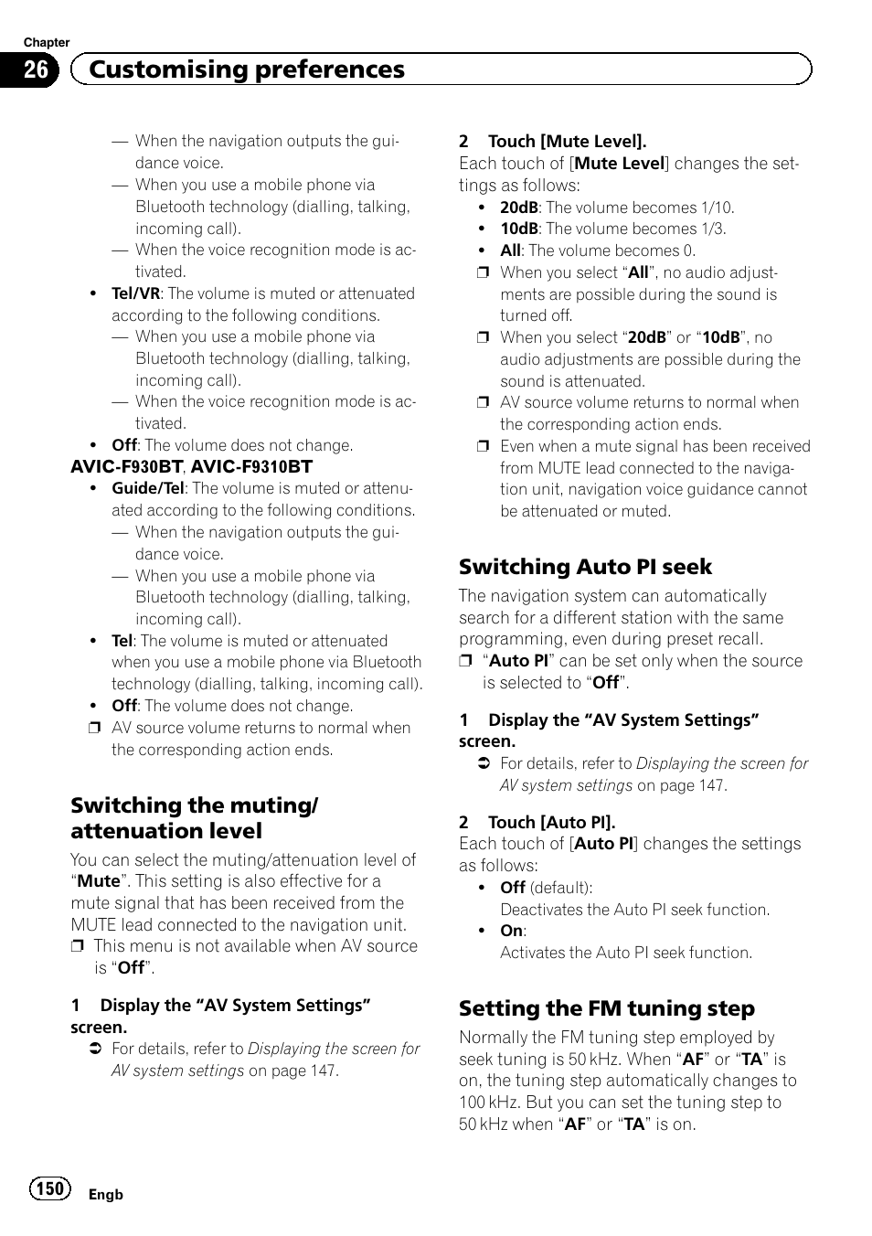 Switching the muting/attenuation, Level, Switching auto pi seek 150 | Setting the fm tuning step 150, Switching auto pi seek, 26 customising preferences, Switching the muting/ attenuation level, Setting the fm tuning step | Pioneer AVIC-F9310BT User Manual | Page 150 / 208