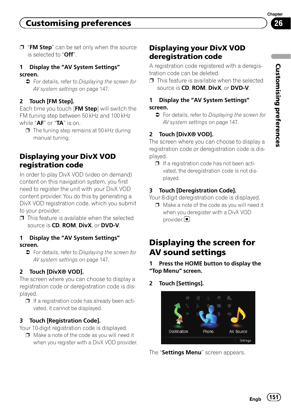 Displaying your divx vod registration, Code, Displaying your divx vod | Deregistration code, Displaying the screen for av sound, Settings, Displaying the screen for av sound settings, Customising preferences, Displaying your divx vod registration code, Displaying your divx vod deregistration code | Pioneer AVIC-F9310BT User Manual | Page 151 / 208