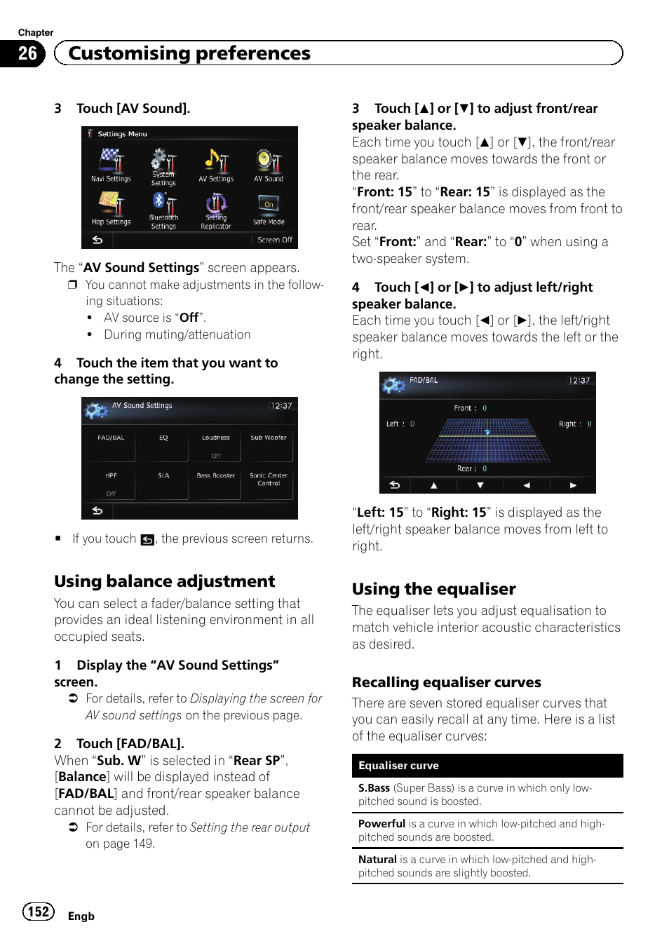 Using balance adjustment 152, Using the equaliser 152, Using the equaliser | 26 customising preferences, Using balance adjustment | Pioneer AVIC-F9310BT User Manual | Page 152 / 208