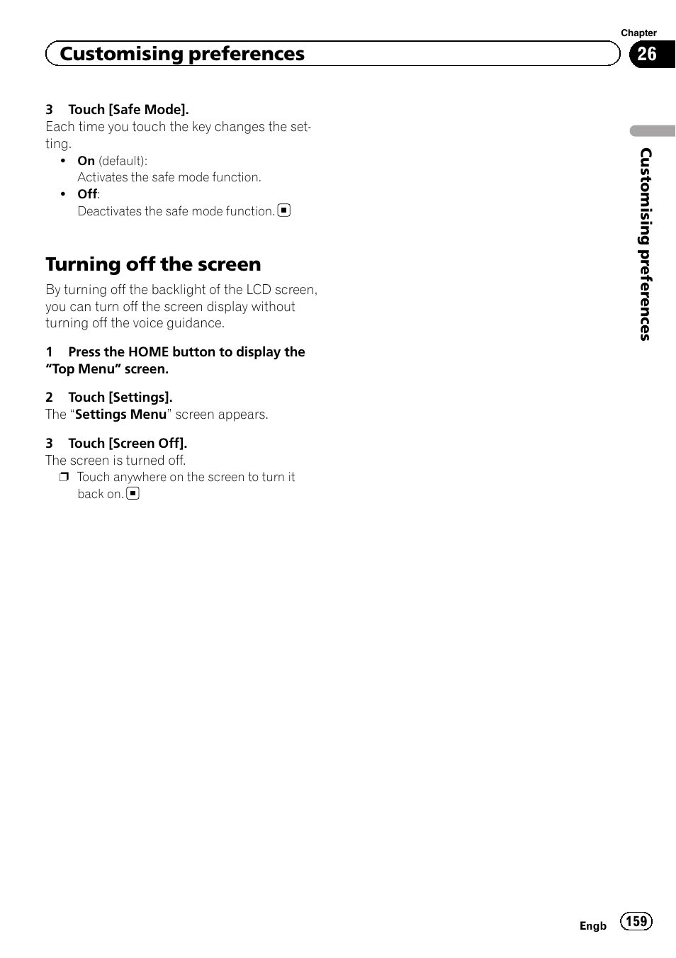 Turning off the screen, Customising preferences | Pioneer AVIC-F9310BT User Manual | Page 159 / 208