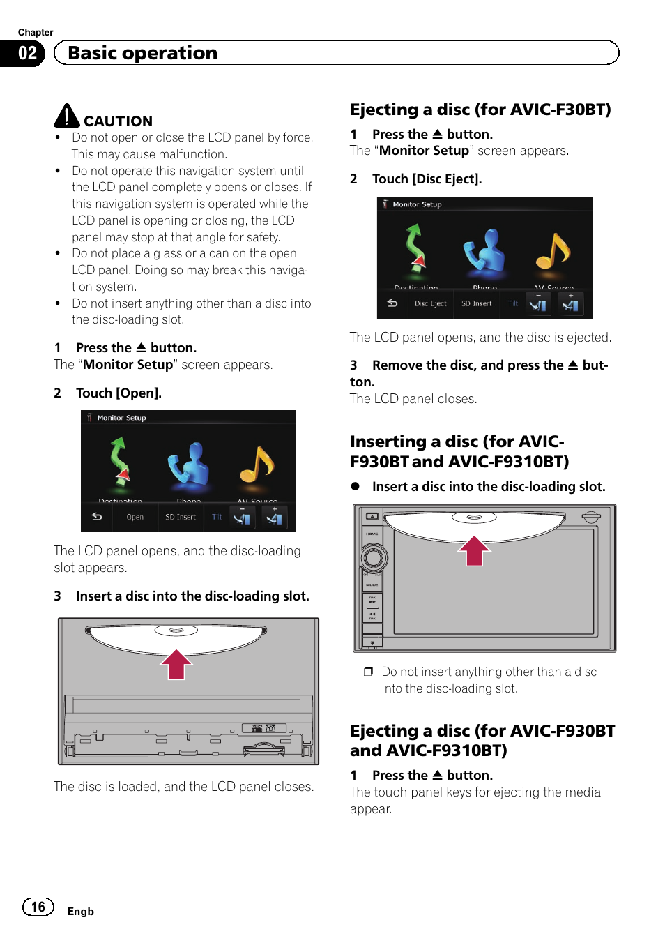 Ejecting a disc (for avic-f30bt) 16, Inserting a disc (for avic-f930bt and, Avic-f9310bt) | Ejecting a disc (for avic-f930bt and, 02 basic operation, Ejecting a disc (for avic-f30bt) | Pioneer AVIC-F9310BT User Manual | Page 16 / 208