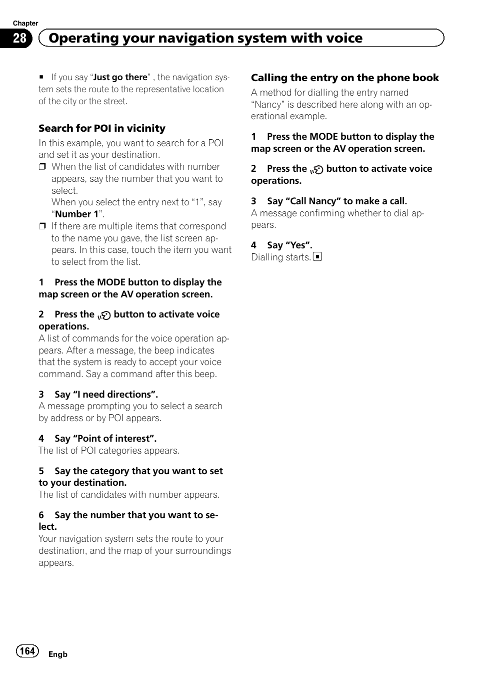 28 operating your navigation system with voice | Pioneer AVIC-F9310BT User Manual | Page 164 / 208