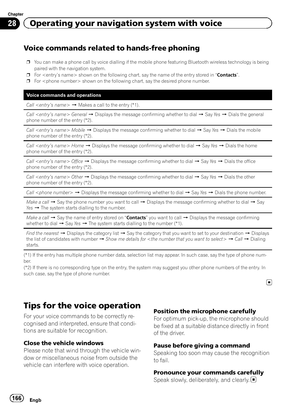 Voice commands related to hands-free, Phoning, Tips for the voice operation | 28 operating your navigation system with voice, Voice commands related to hands-free phoning | Pioneer AVIC-F9310BT User Manual | Page 166 / 208