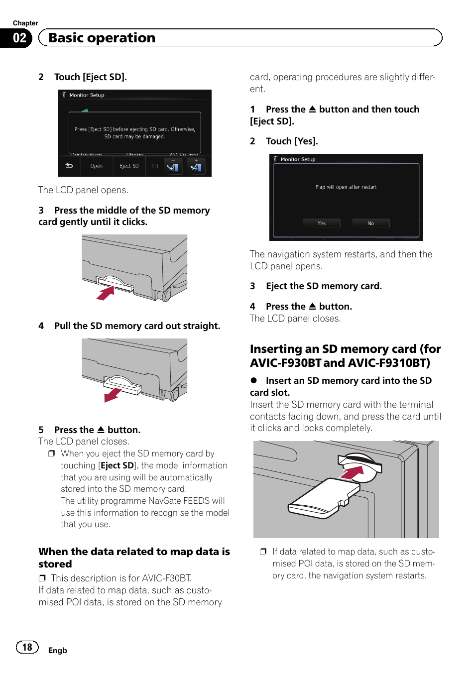 Inserting an sd memory card (for avic, F930bt and avic-f9310bt), 02 basic operation | Pioneer AVIC-F9310BT User Manual | Page 18 / 208