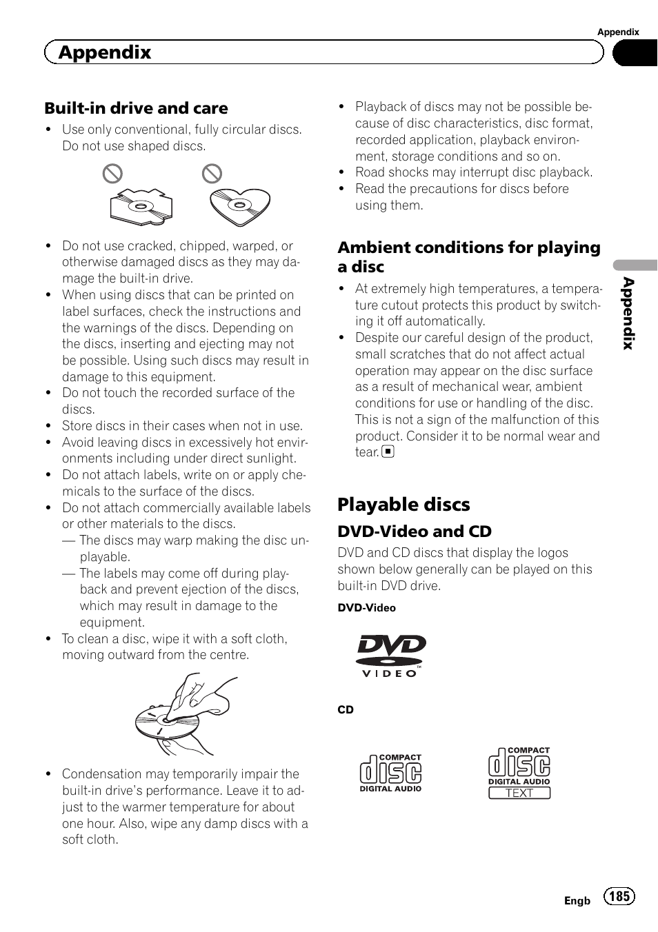 Built-in drive and care 185, Ambient conditions for playing a, Disc | Playable discs, Dvd-video and cd 185, Appendix, Built-in drive and care, Ambient conditions for playing a disc, Dvd-video and cd | Pioneer AVIC-F9310BT User Manual | Page 185 / 208