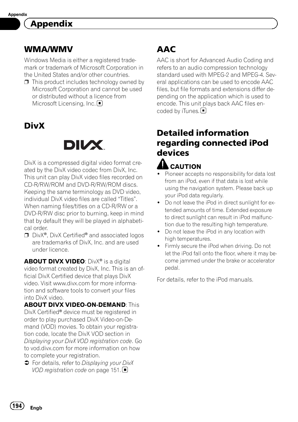 Wma/wmv, Divx, Detailed information regarding connected | Ipod devices, Appendix | Pioneer AVIC-F9310BT User Manual | Page 194 / 208
