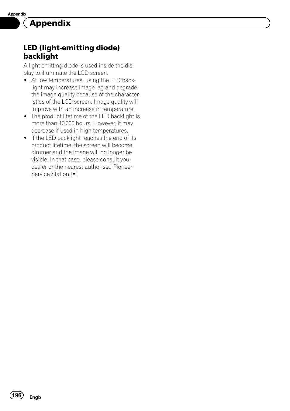 Led (light-emitting diode), Backlight, Appendix | Led (light-emitting diode) backlight | Pioneer AVIC-F9310BT User Manual | Page 196 / 208