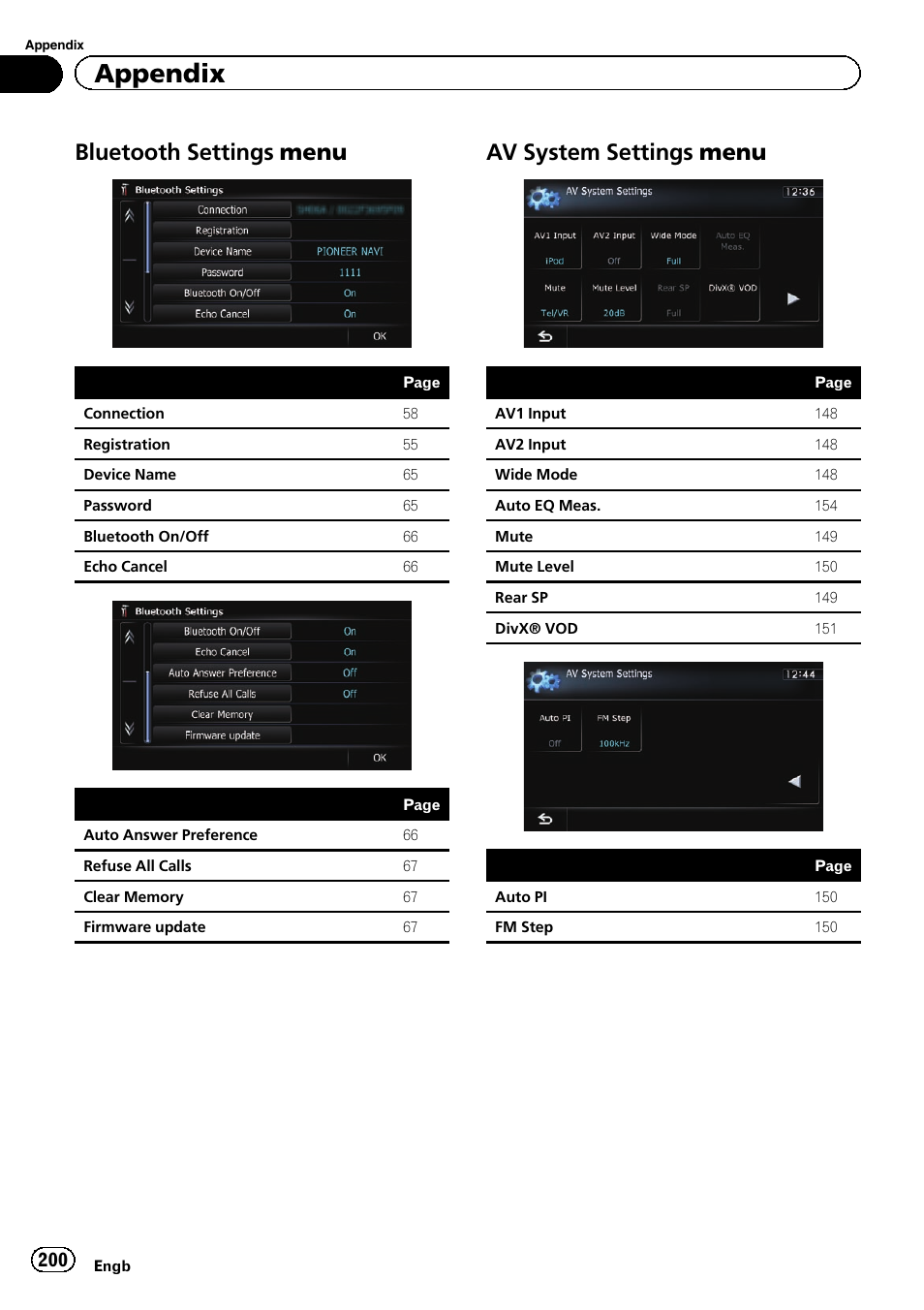 Bluetooth settings menu 200, Av system settings menu 200, Appendix | Bluetooth settings menu, Av system settings menu | Pioneer AVIC-F9310BT User Manual | Page 200 / 208