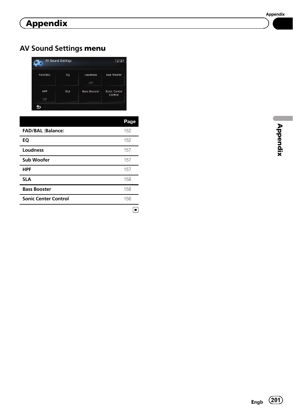 Av sound settings menu 201, Av sound settings menu, Appendix | Pioneer AVIC-F9310BT User Manual | Page 201 / 208