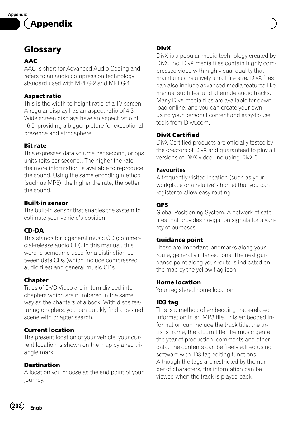 Glossary, Appendix | Pioneer AVIC-F9310BT User Manual | Page 202 / 208
