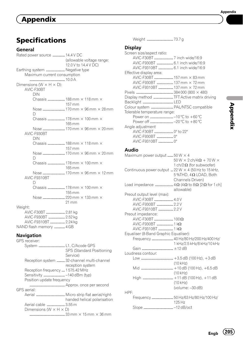 Specifications, Appendix, General | Navigation, Display, Audio | Pioneer AVIC-F9310BT User Manual | Page 205 / 208