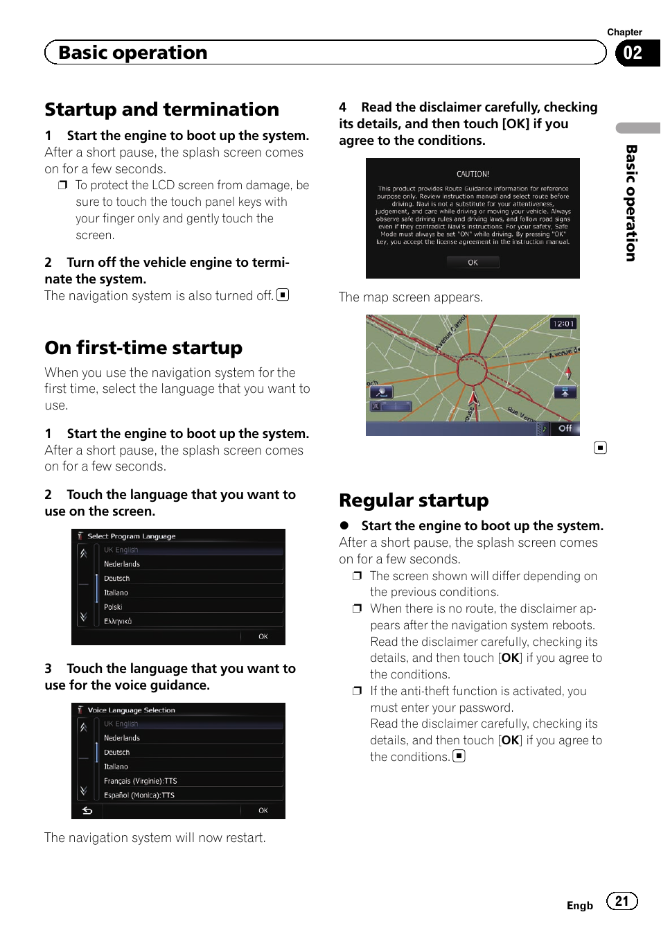 Startup and termination, On first-time startup, Regular startup | Basic operation | Pioneer AVIC-F9310BT User Manual | Page 21 / 208