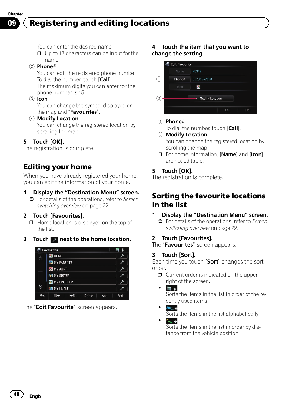 Editing your home 48, Sorting the favourite locations in the, List | 09 registering and editing locations, Editing your home, Sorting the favourite locations in the list | Pioneer AVIC-F9310BT User Manual | Page 48 / 208