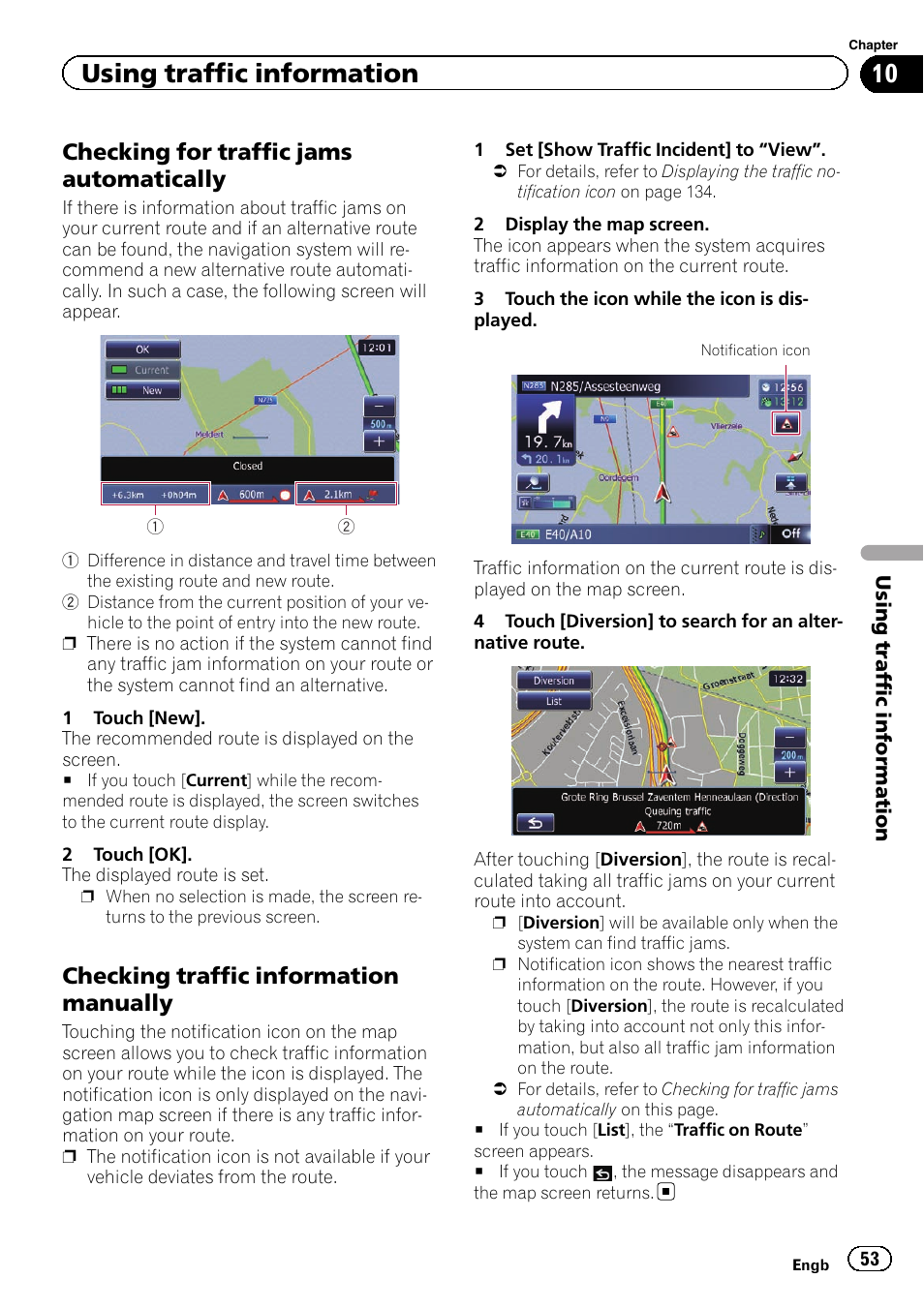 Checking for traffic jams, Automatically, Checking traffic information | Manually, Using traffic information, Checking for traffic jams automatically, Checking traffic information manually | Pioneer AVIC-F9310BT User Manual | Page 53 / 208