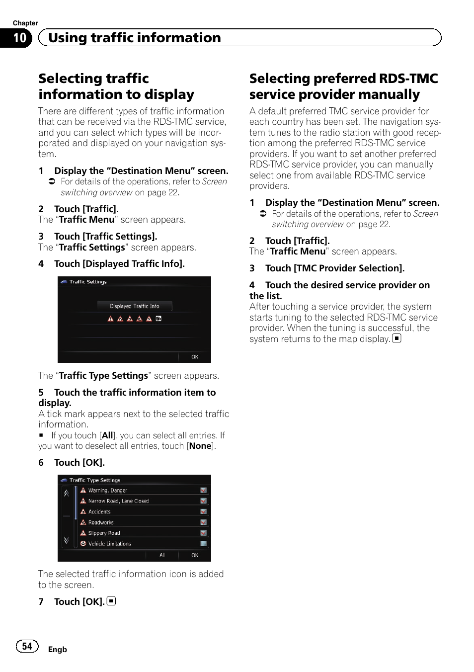 Selecting traffic information to display, Selecting preferred rds-tmc service, Provider manually | Selecting traffic infor, 10 using traffic information | Pioneer AVIC-F9310BT User Manual | Page 54 / 208