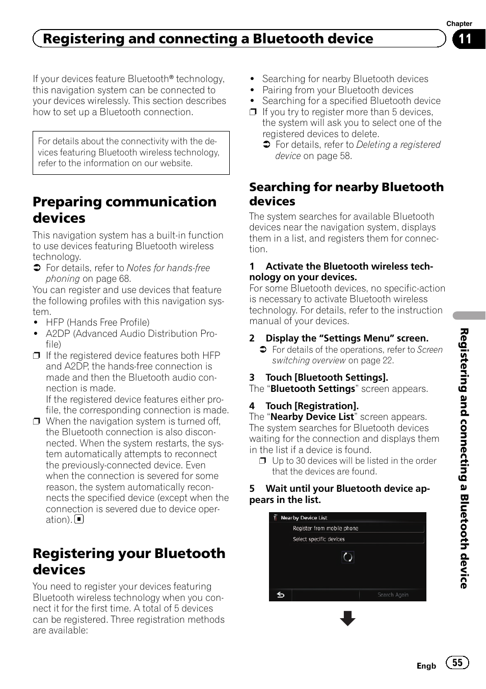 Registering your bluetooth devices, Searching for nearby bluetooth, Devices | Preparing communication devices, Registering and connecting a bluetooth device, Searching for nearby bluetooth devices | Pioneer AVIC-F9310BT User Manual | Page 55 / 208