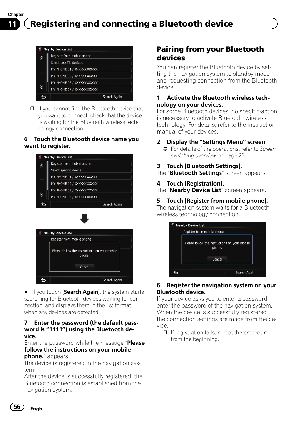 Pairing from your bluetooth, Devices, 11 registering and connecting a bluetooth device | Pairing from your bluetooth devices | Pioneer AVIC-F9310BT User Manual | Page 56 / 208