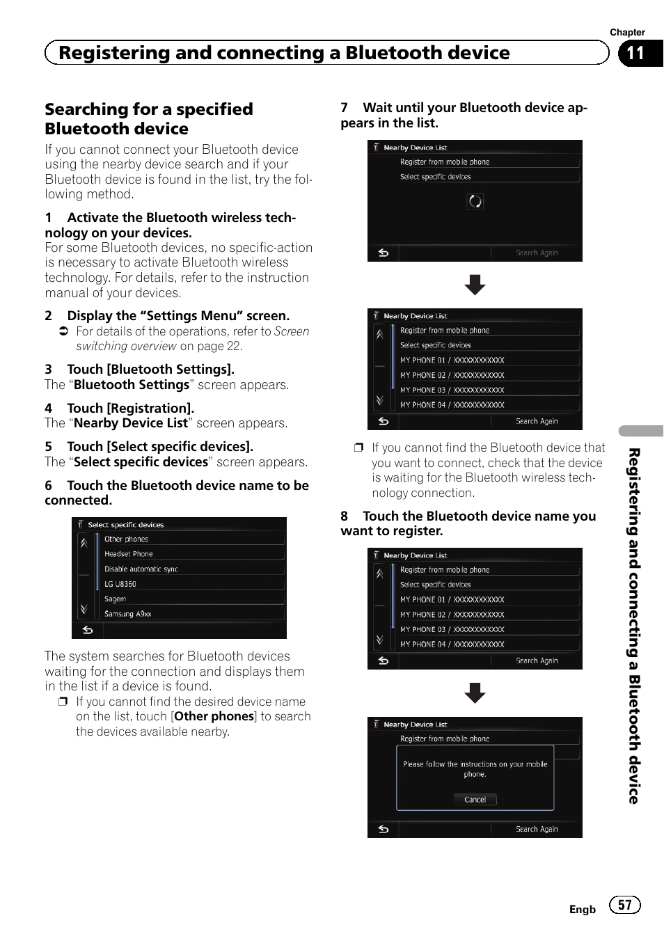 Searching for a specified bluetooth, Device, Registering and connecting a bluetooth device | Searching for a specified bluetooth device | Pioneer AVIC-F9310BT User Manual | Page 57 / 208