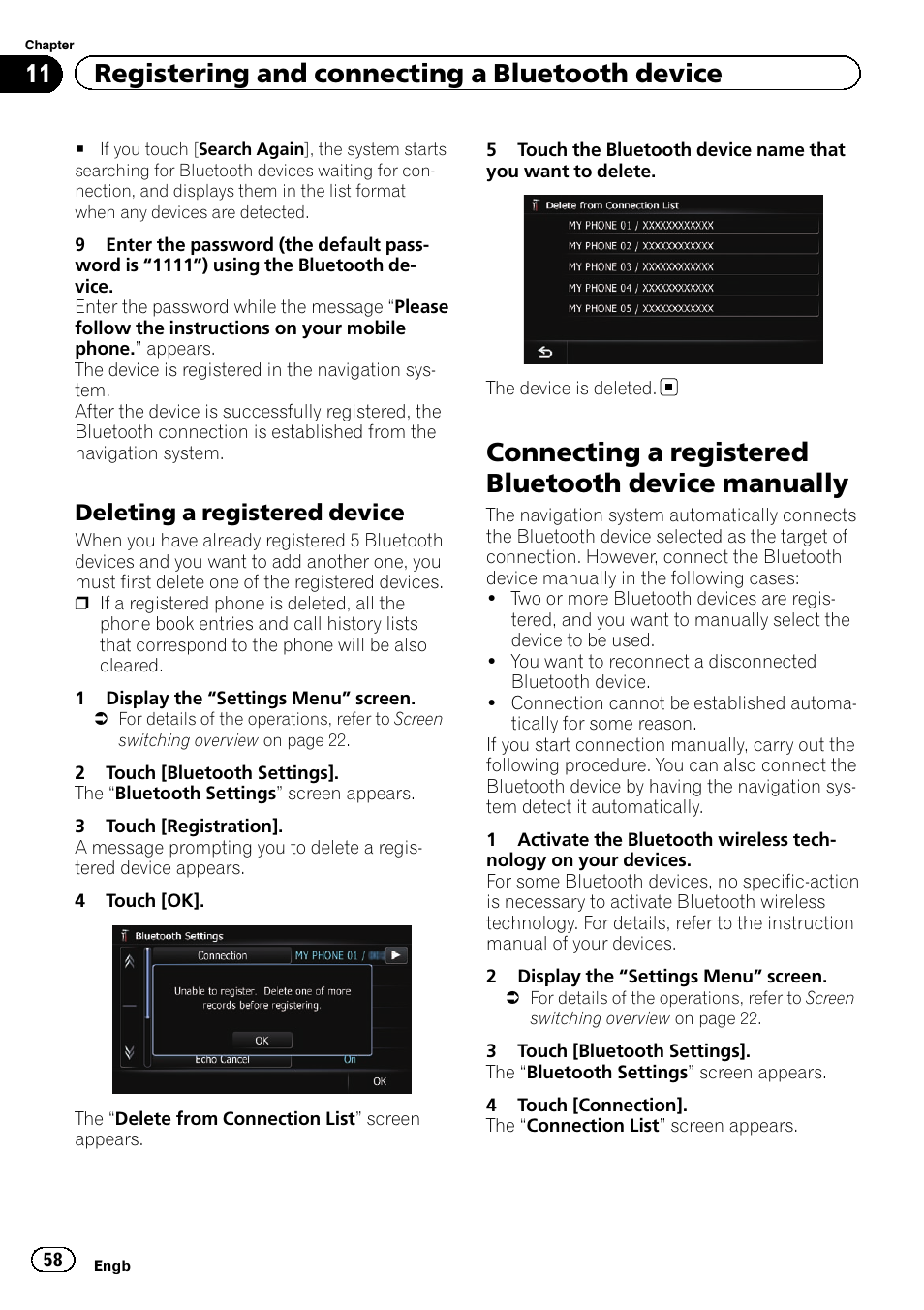Deleting a registered device 58, Connecting a registered bluetooth device, Manually | Deleting a registered, Connecting a registered bluetooth device manually, 11 registering and connecting a bluetooth device, Deleting a registered device | Pioneer AVIC-F9310BT User Manual | Page 58 / 208
