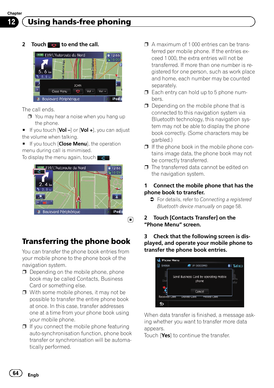 Transferring the phone book, Transferring the phone, 12 using hands-free phoning | Pioneer AVIC-F9310BT User Manual | Page 64 / 208