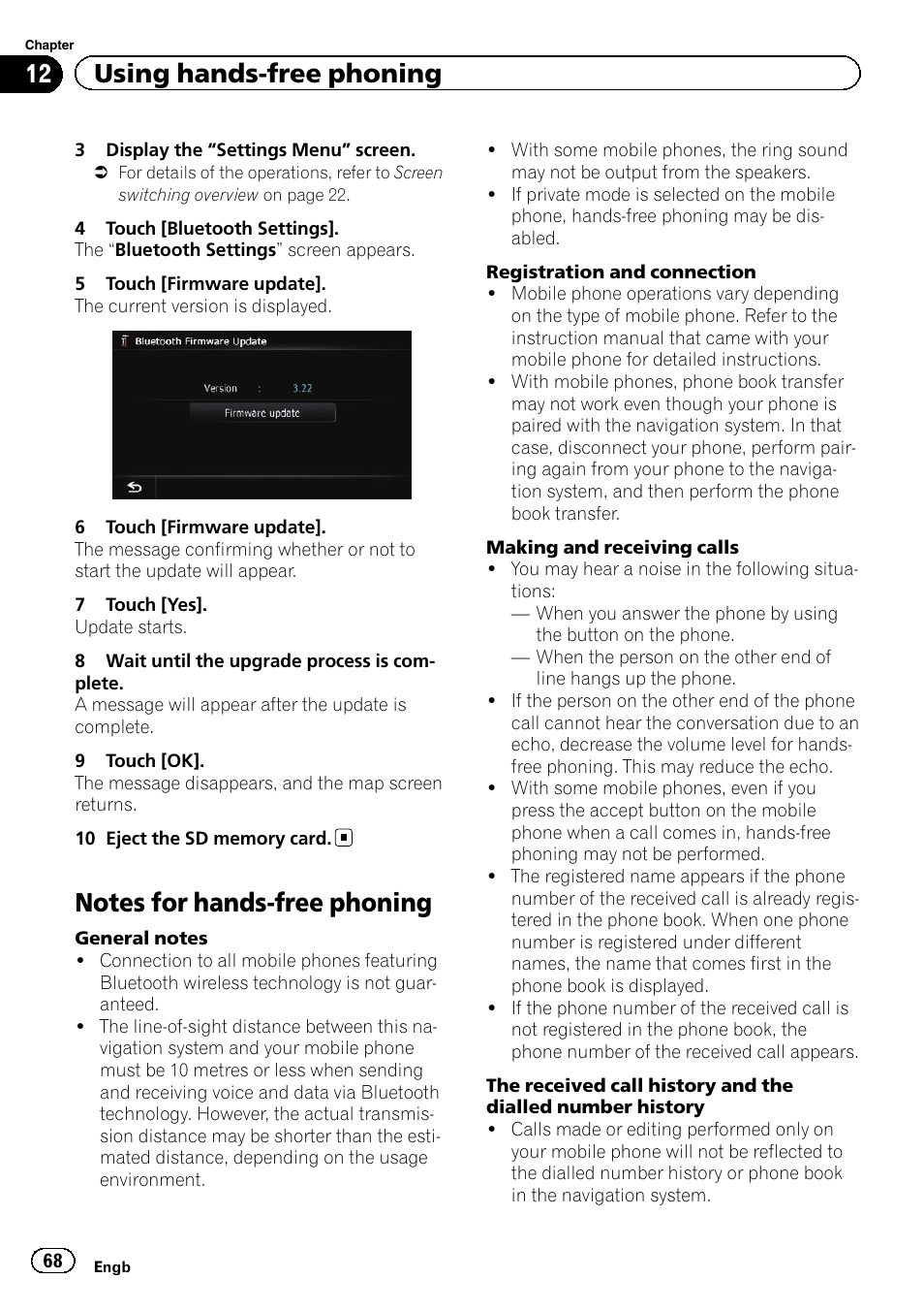 Notes for hands-free phoning, Notes for hands-free, 12 using hands-free phoning | Pioneer AVIC-F9310BT User Manual | Page 68 / 208