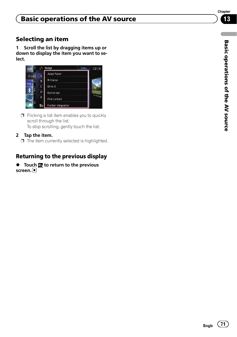 Selecting an item 71, Returning to the previous display 71, Basic operations of the av source | Pioneer AVIC-F9310BT User Manual | Page 71 / 208