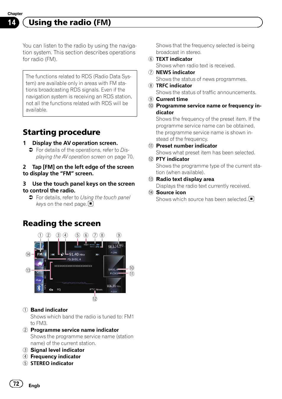Using the radio (fm) starting procedure, Reading the screen, Starting procedure | 14 using the radio (fm) | Pioneer AVIC-F9310BT User Manual | Page 72 / 208