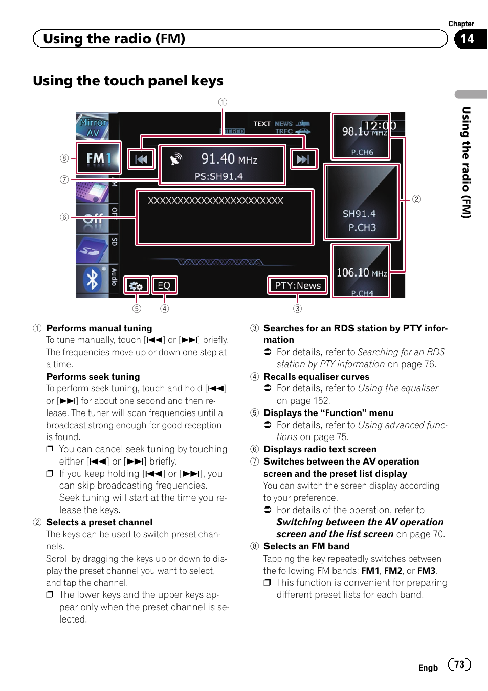 Using the touch panel keys, Using the touch panel, Using the radio (fm) | Pioneer AVIC-F9310BT User Manual | Page 73 / 208