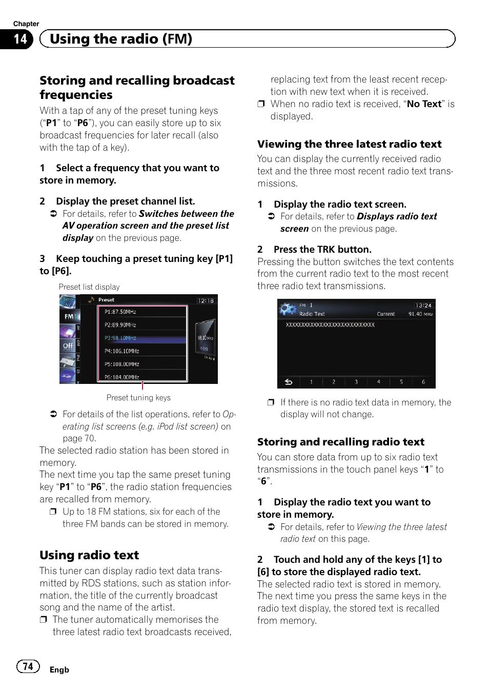 Storing and recalling broadcast, Frequencies, Using radio text 74 | 14 using the radio (fm), Storing and recalling broadcast frequencies, Using radio text | Pioneer AVIC-F9310BT User Manual | Page 74 / 208