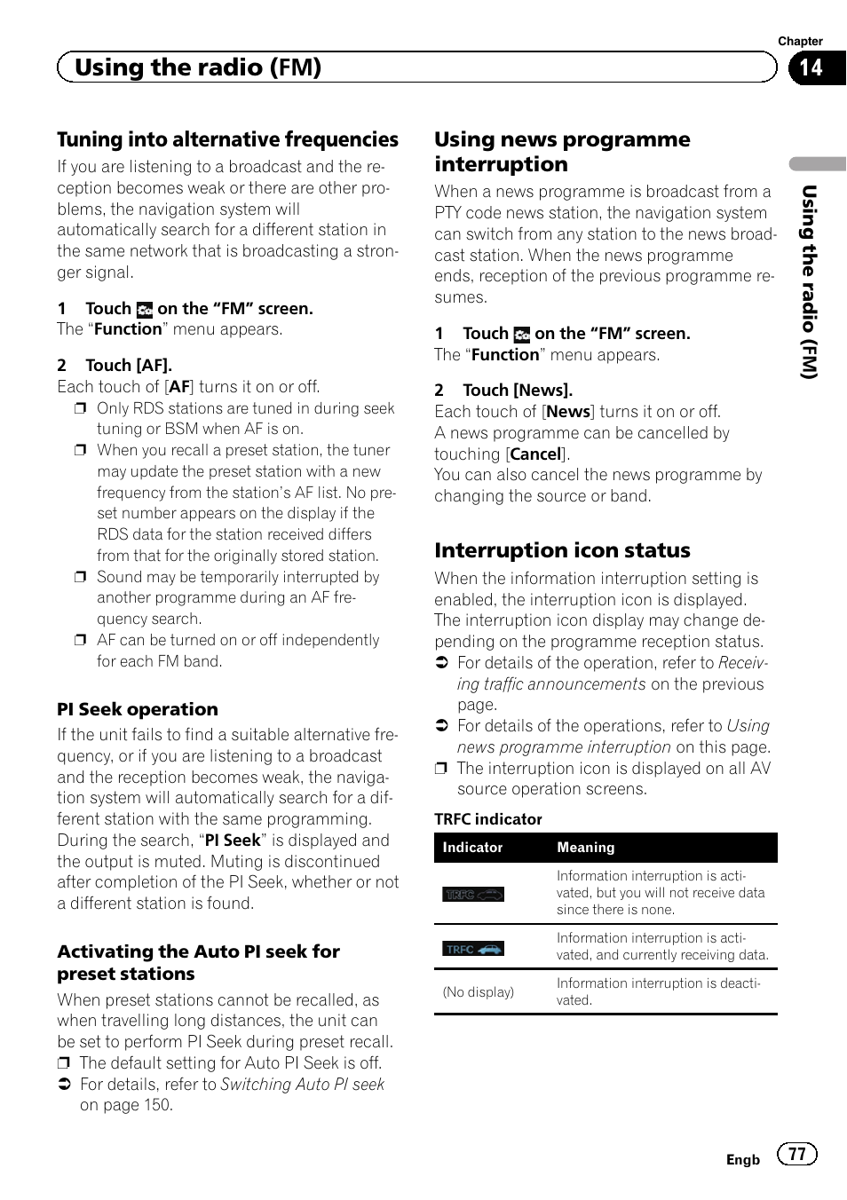 Tuning into alternative frequencies 77, Using news programme, Interruption | Interruption icon status 77, Using the radio (fm), Tuning into alternative frequencies, Using news programme interruption, Interruption icon status | Pioneer AVIC-F9310BT User Manual | Page 77 / 208