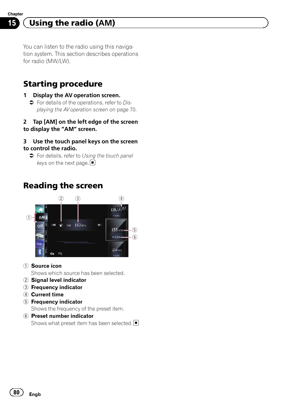 Using the radio (am) starting procedure, Reading the screen, Starting procedure | 15 using the radio (am) | Pioneer AVIC-F9310BT User Manual | Page 80 / 208
