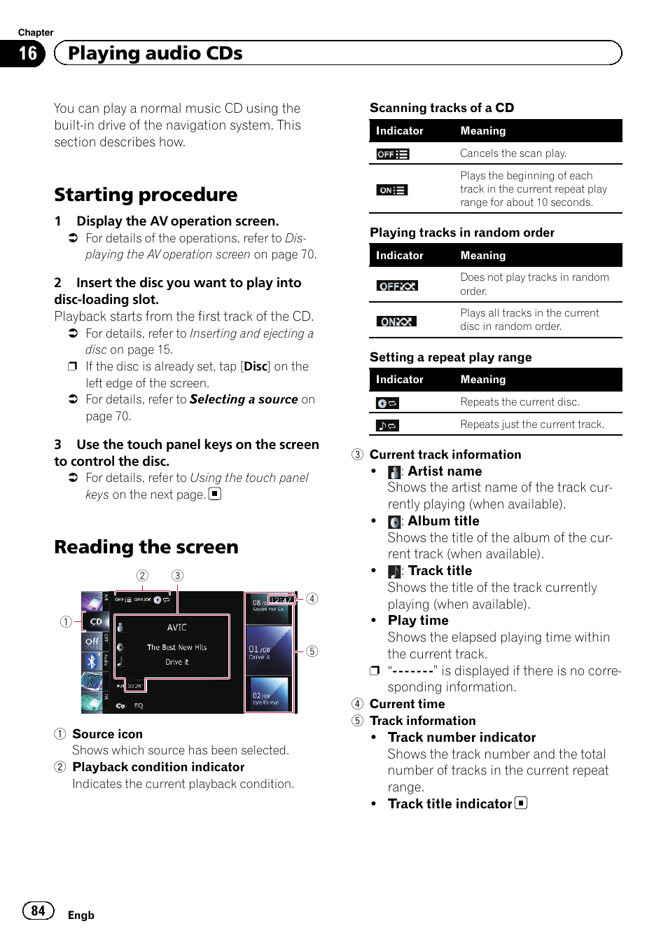 Playing audio cds starting procedure, Reading the screen, Starting procedure | 16 playing audio cds | Pioneer AVIC-F9310BT User Manual | Page 84 / 208