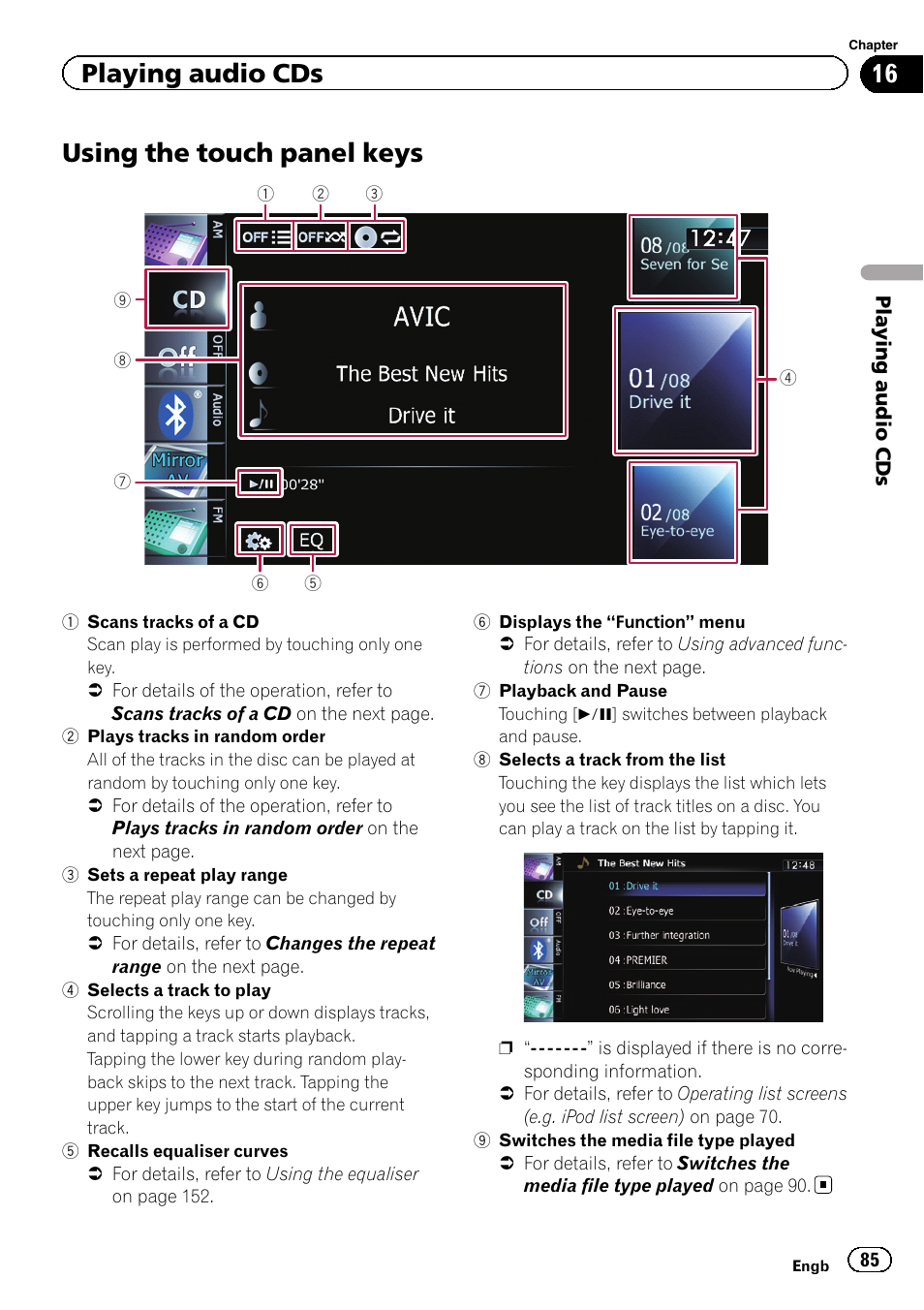 Using the touch panel keys, Using the touch panel, Playing audio cds | Pioneer AVIC-F9310BT User Manual | Page 85 / 208