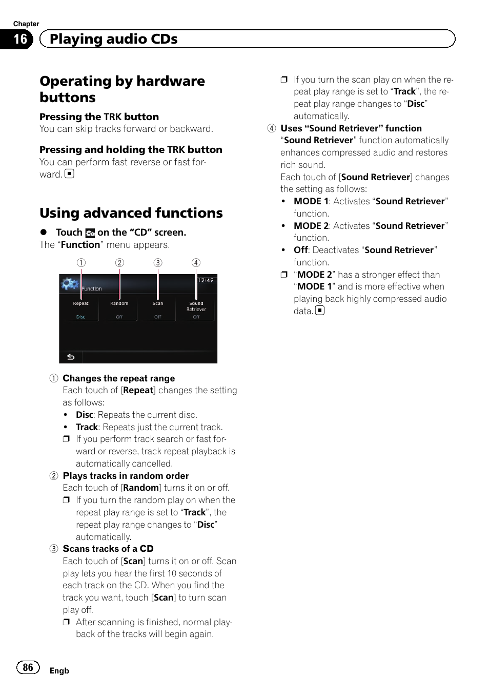Operating by hardware buttons, Using advanced functions, Changes the repeat | Using advanced func, 16 playing audio cds | Pioneer AVIC-F9310BT User Manual | Page 86 / 208