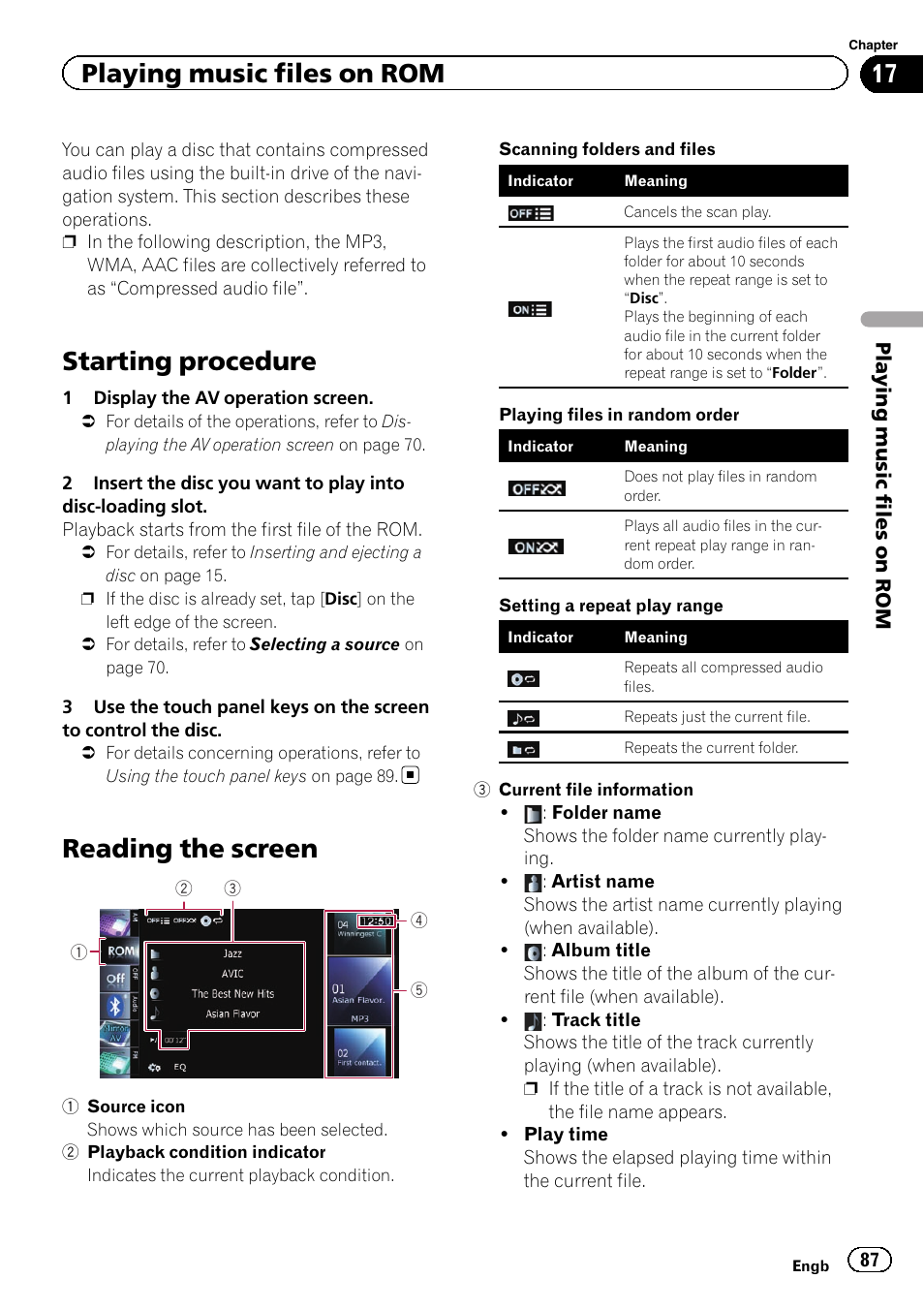 Playing music files on rom starting procedure, Reading the screen, Starting procedure | Playing music files on rom | Pioneer AVIC-F9310BT User Manual | Page 87 / 208