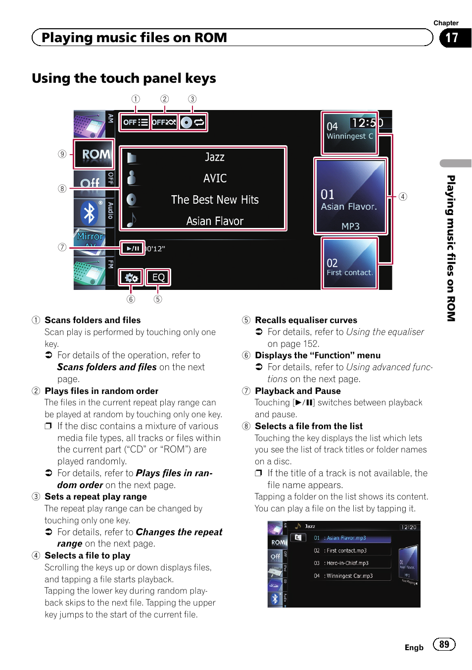 Using the touch panel keys, Playing music files on rom | Pioneer AVIC-F9310BT User Manual | Page 89 / 208