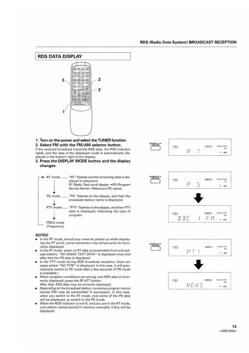 Rds data display, Rds (radio data system) broadcast reception | Pioneer SX-209RDS User Manual | Page 13 / 20