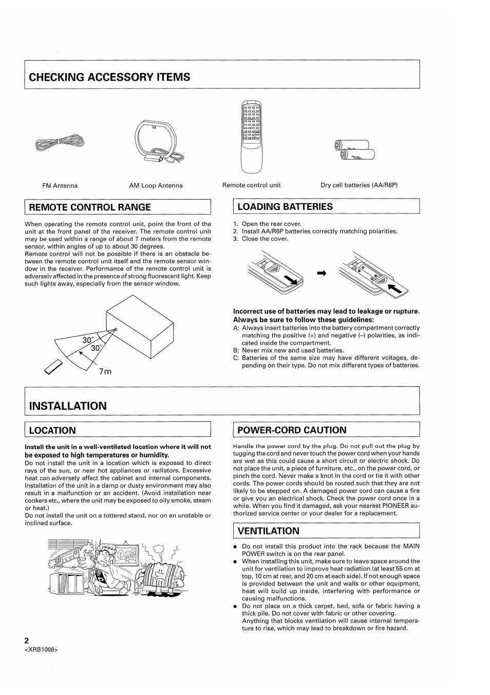 Remote control range, Loading batteries, Location | Power-cord caution, Ventilation | Pioneer SX-209RDS User Manual | Page 2 / 20