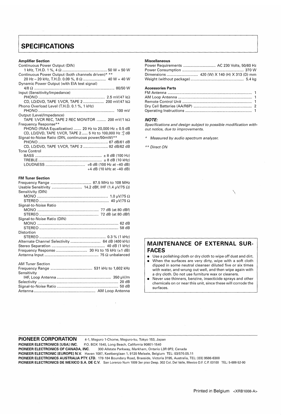 Maintenance of external sur­ faces | Pioneer SX-209RDS User Manual | Page 20 / 20