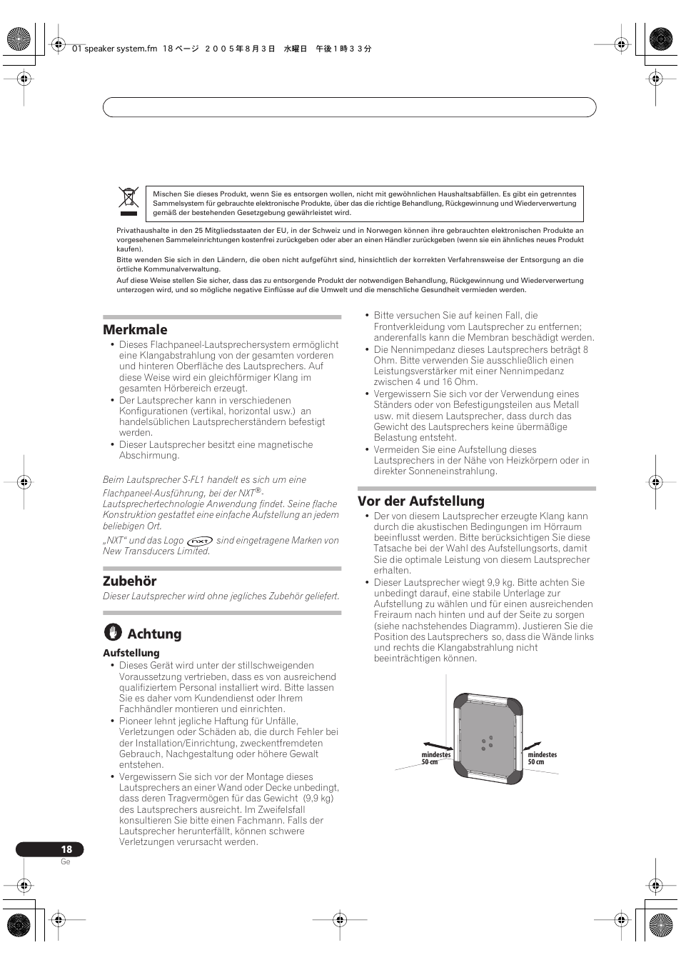 Bedienungsanleitung, Merkmale, Zubehör | Achtung, Vor der aufstellung | Pioneer S-FL1 User Manual | Page 18 / 58