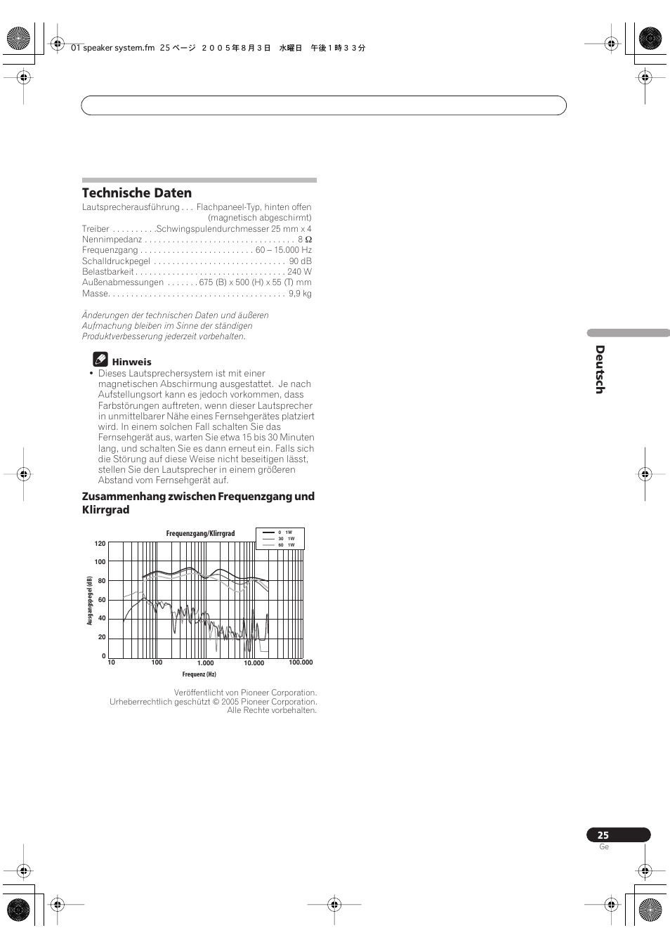 Technische daten, Deutsch, Zusammenhang zwischen frequenzgang und klirrgrad | Pioneer S-FL1 User Manual | Page 25 / 58