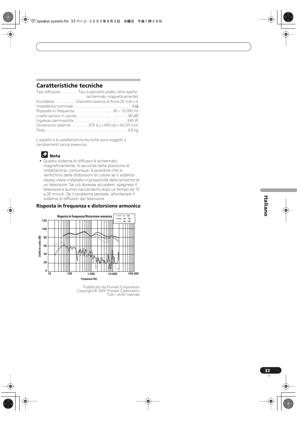 Caratteristiche tecniche, Italiano, Risposta in frequenza e distorsione armonica | Pioneer S-FL1 User Manual | Page 33 / 58
