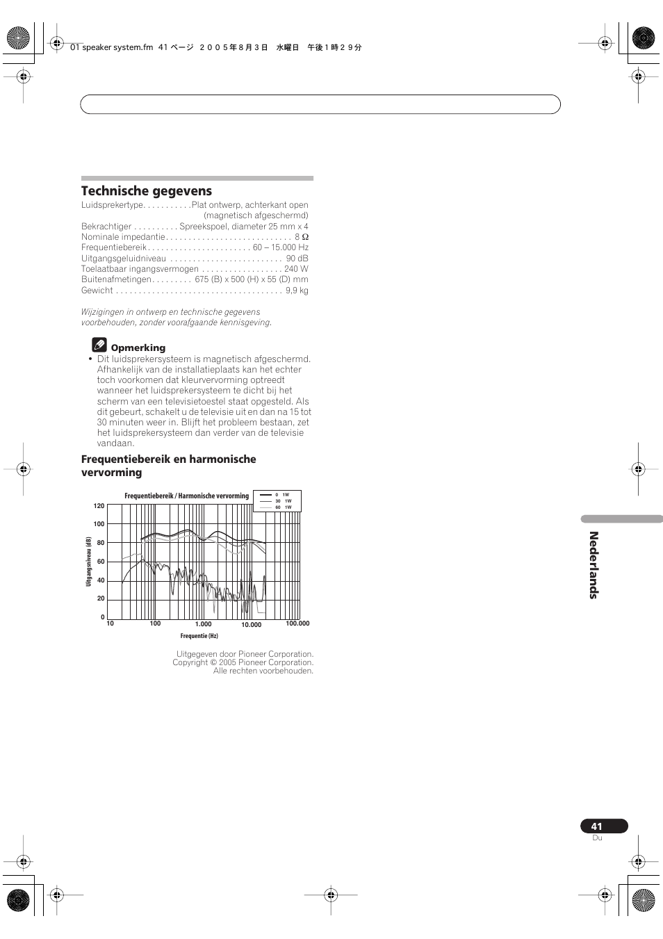 Technische gegevens, Nederlands, Frequentiebereik en harmonische vervorming | Pioneer S-FL1 User Manual | Page 41 / 58